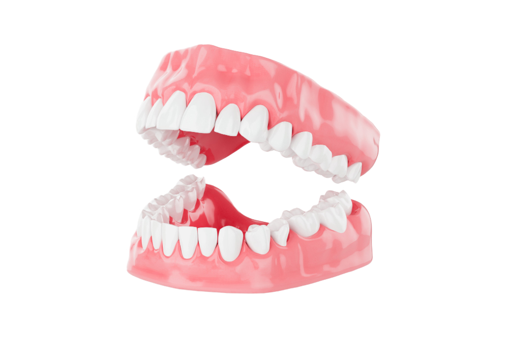This image shows a 3D model of a set of upper and lower dentures. The dentures are pink and white, representing gums and teeth, respectively. The upper denture is positioned above the lower denture, both slightly apart, displaying a full set of artificial teeth in a realistic arrangemen